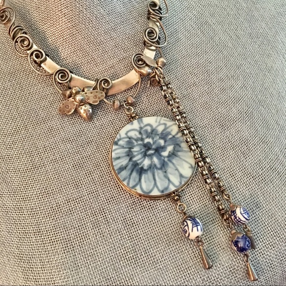Sterling silver porcelain hanging necklace choker - Picture 11 of 12